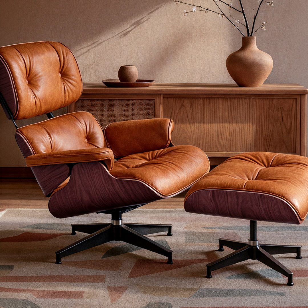 Sillón Poltrona Eames Lounge con Otomana cuero Rivera Saddle