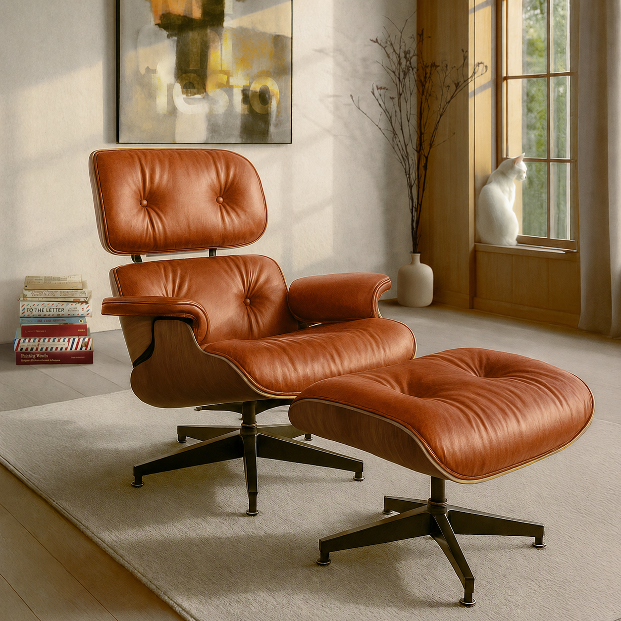 Sillón Poltrona Eames Lounge con Otomana cuero Rivera Saddle