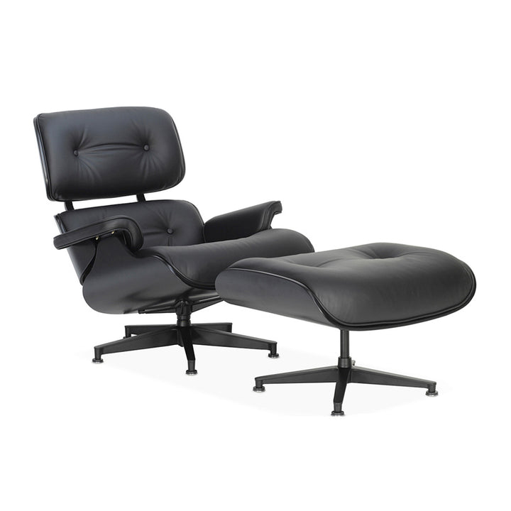 Poltrona Eames Lounge con Otomana Full Black, Eco Cuero